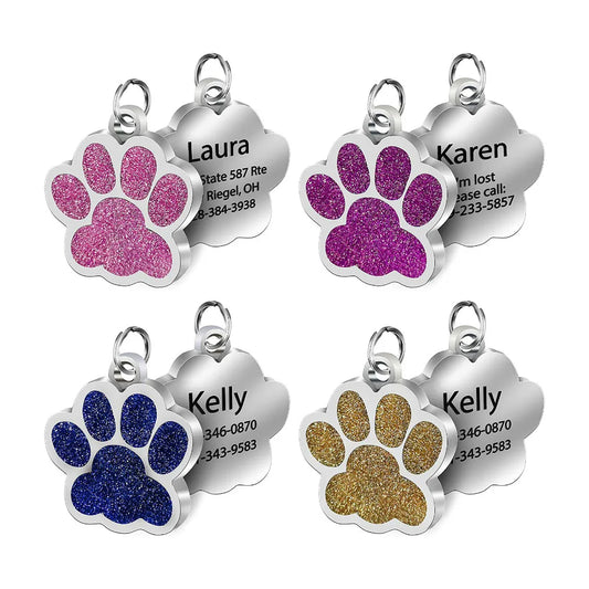 Custom Paw Sparkle Colored Gemstone Silver Dog & Cat Name Tag Pendant