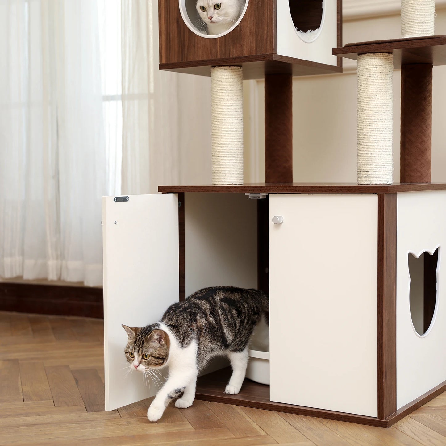 Luxury Wooden 3 Tier Cat Condo With Cabinet