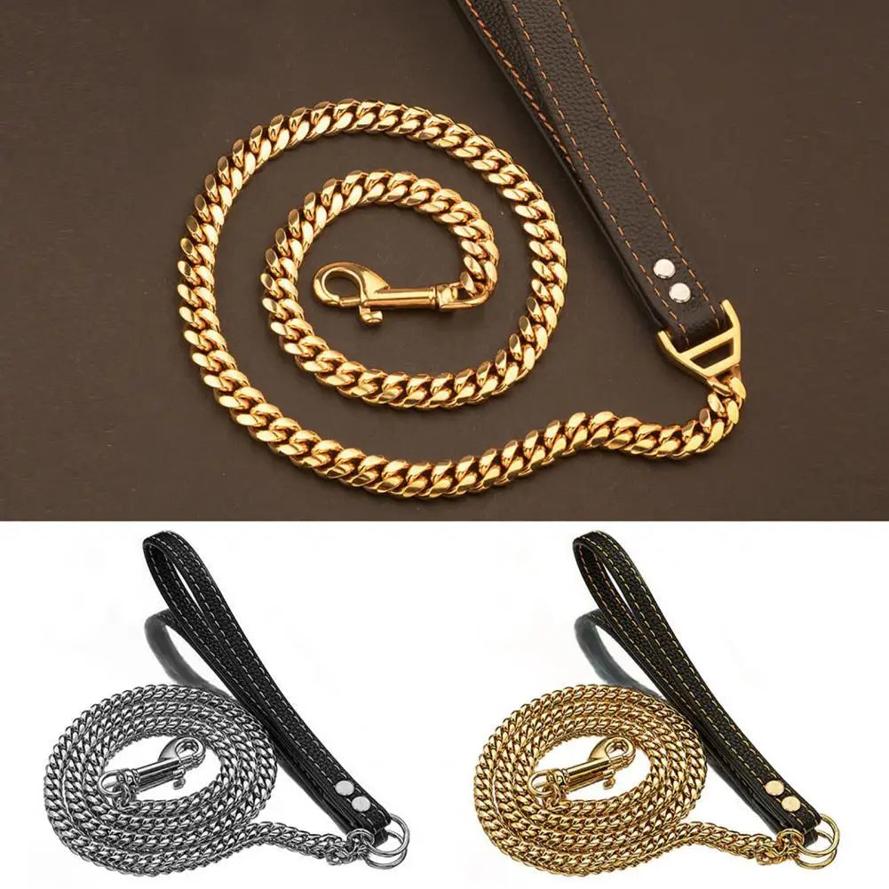 Stainless Steel Gold Cuban Link Chain Faux Leather Handle Dog & Cat Leash