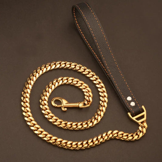 Stainless Steel Gold Cuban Link Chain Faux Leather Handle Dog & Cat Leash