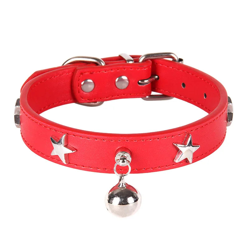 Faux Leather Star Decor Collar With Jingle Bell