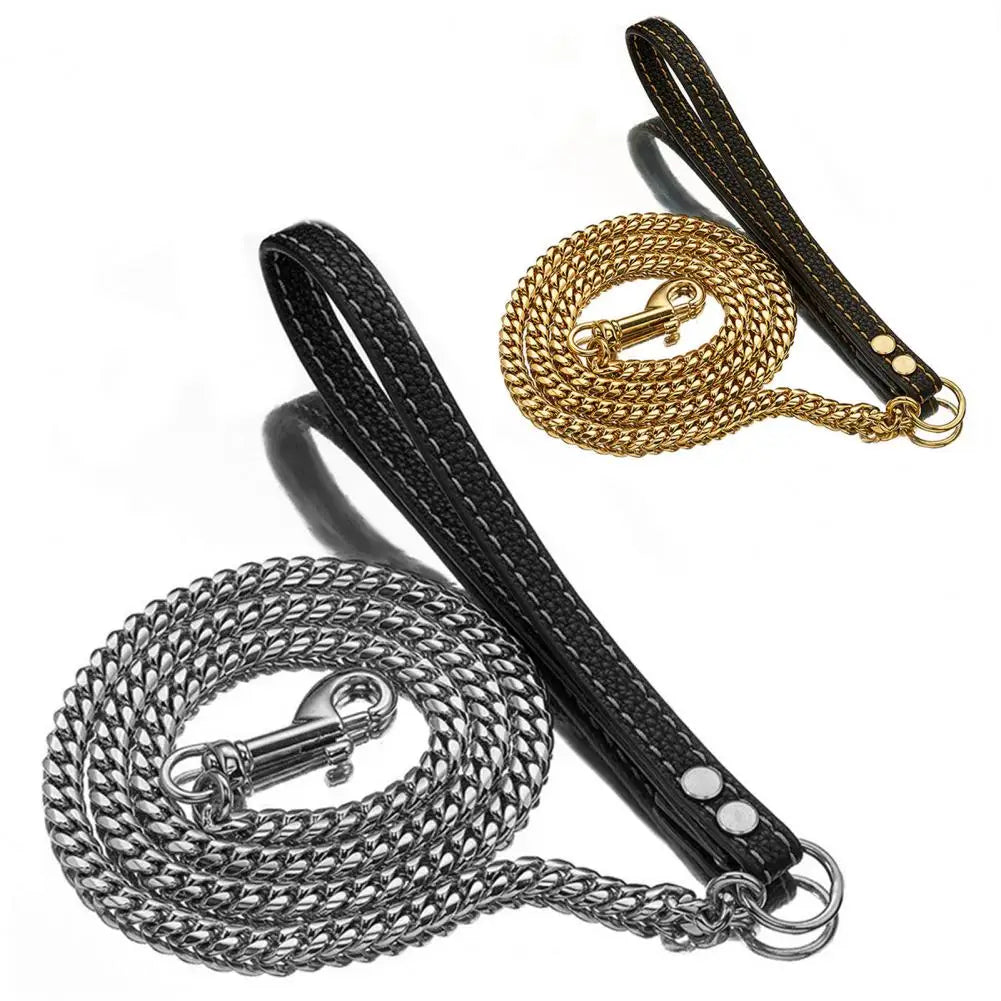 Stainless Steel Gold Cuban Link Chain Faux Leather Handle Dog & Cat Leash