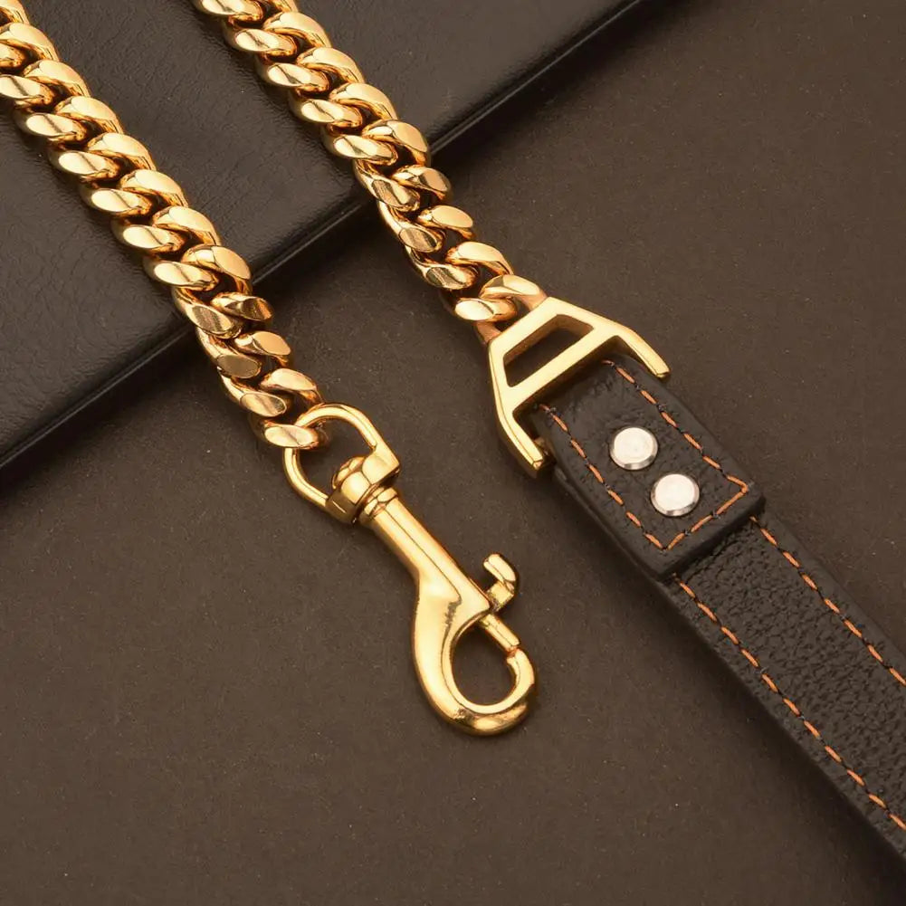 Stainless Steel Gold Cuban Link Chain Faux Leather Handle Dog & Cat Leash