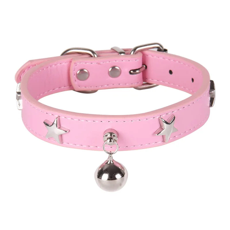 Faux Leather Star Decor Collar With Jingle Bell