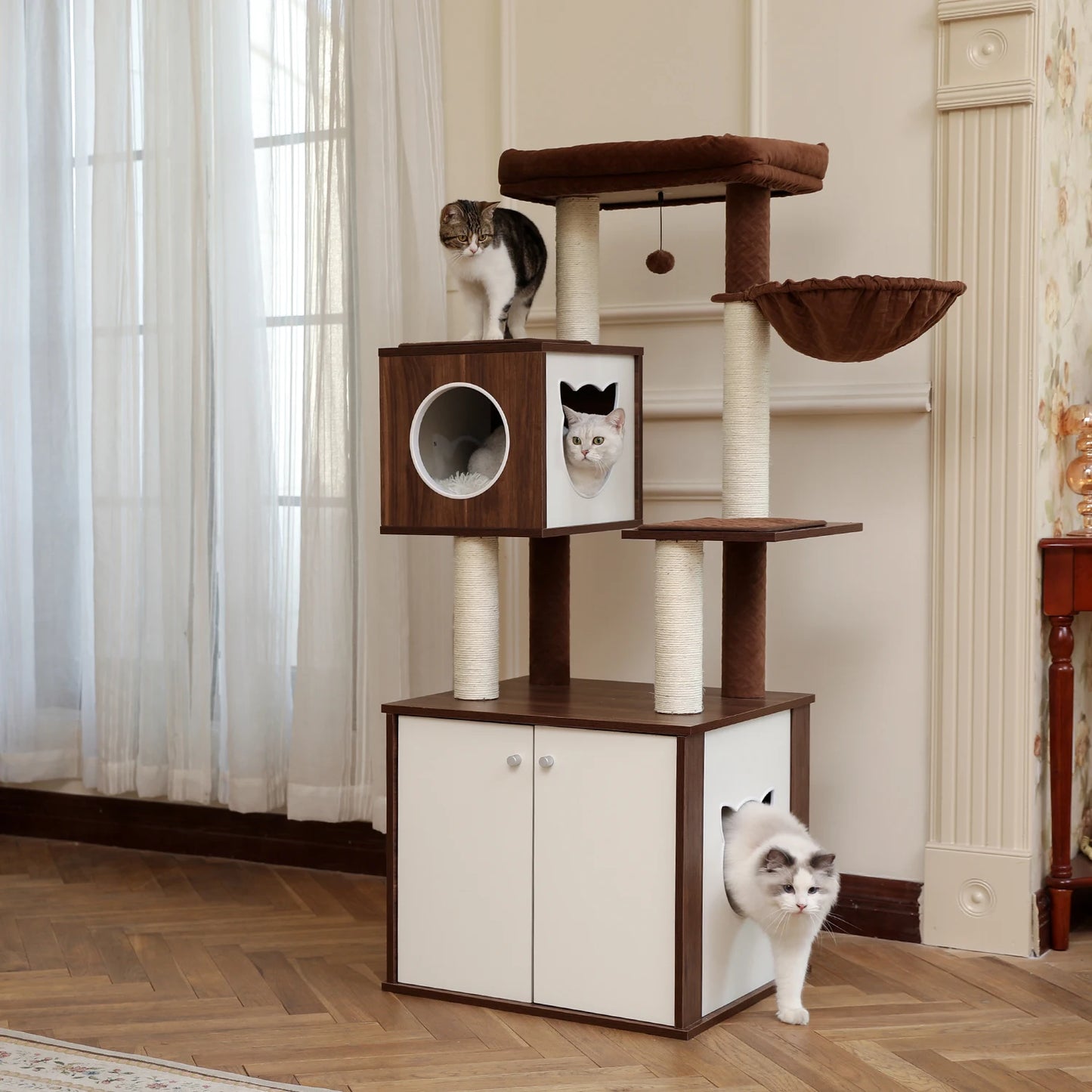 Luxury Wooden 3 Tier Cat Condo With Cabinet