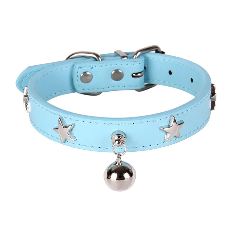 Faux Leather Star Decor Collar With Jingle Bell