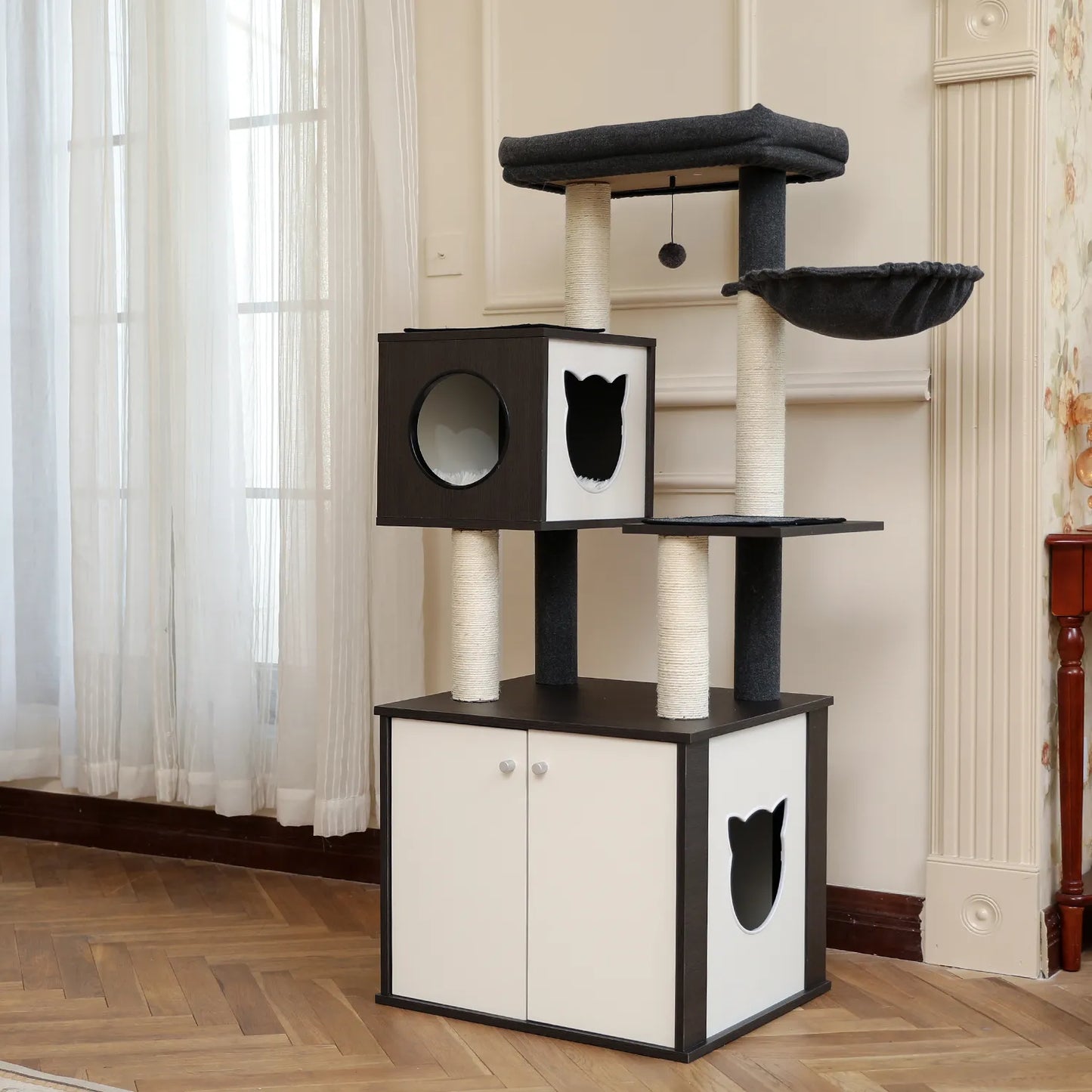 Luxury Wooden 3 Tier Cat Condo With Cabinet