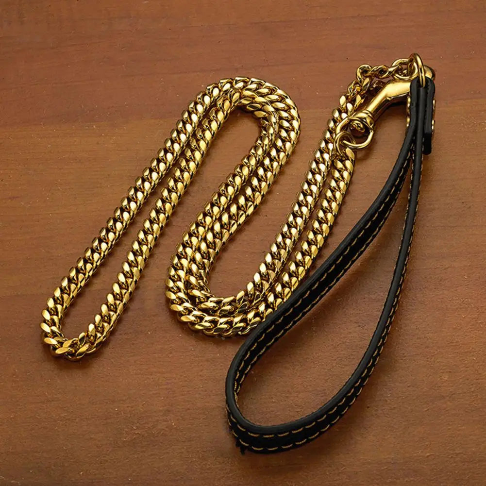 Stainless Steel Gold Cuban Link Chain Faux Leather Handle Dog & Cat Leash