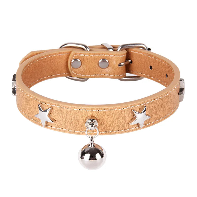 Faux Leather Star Decor Collar With Jingle Bell