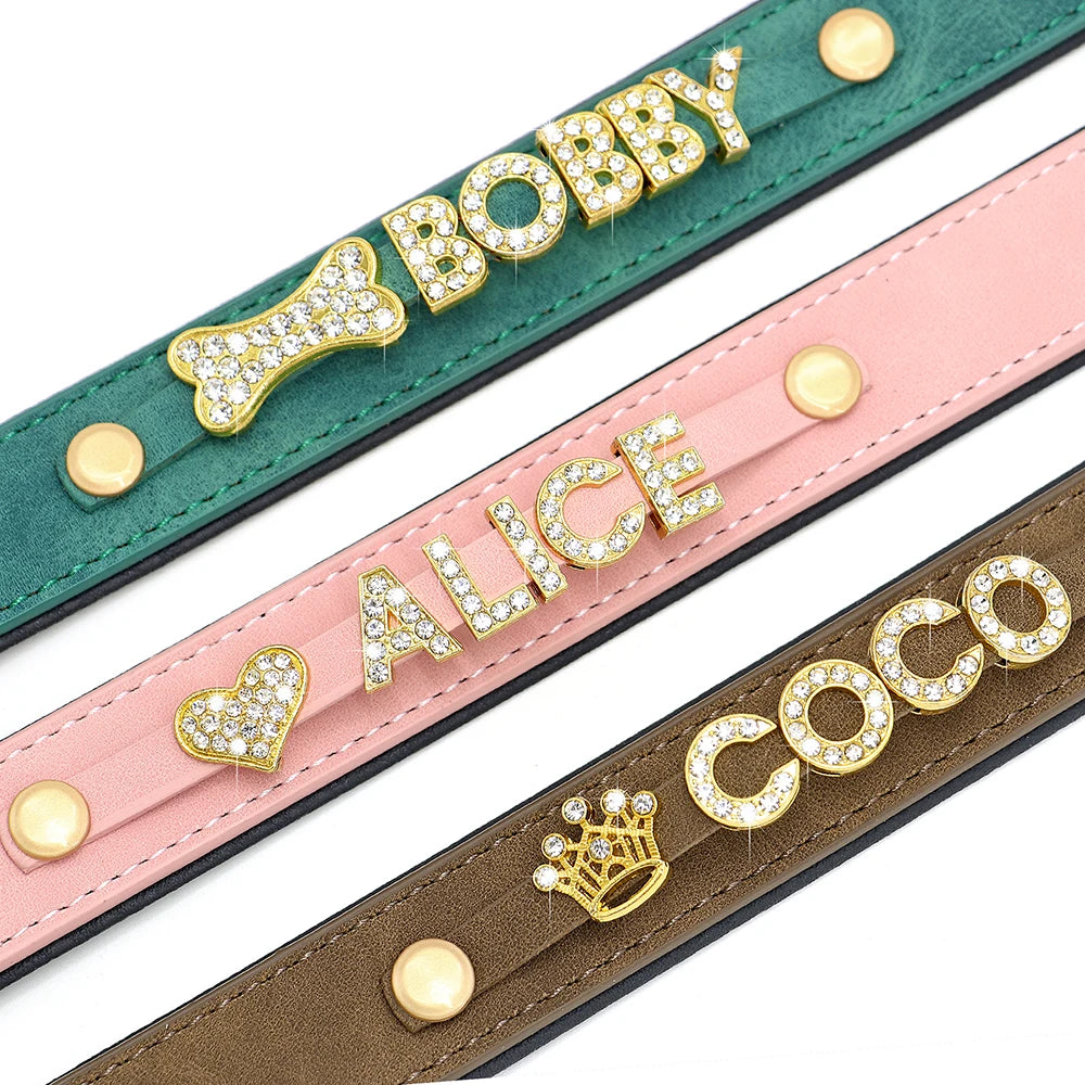 Gold Rhinestone  Custom Name & Charm Faux Leather Dog & Cat Pet Collar