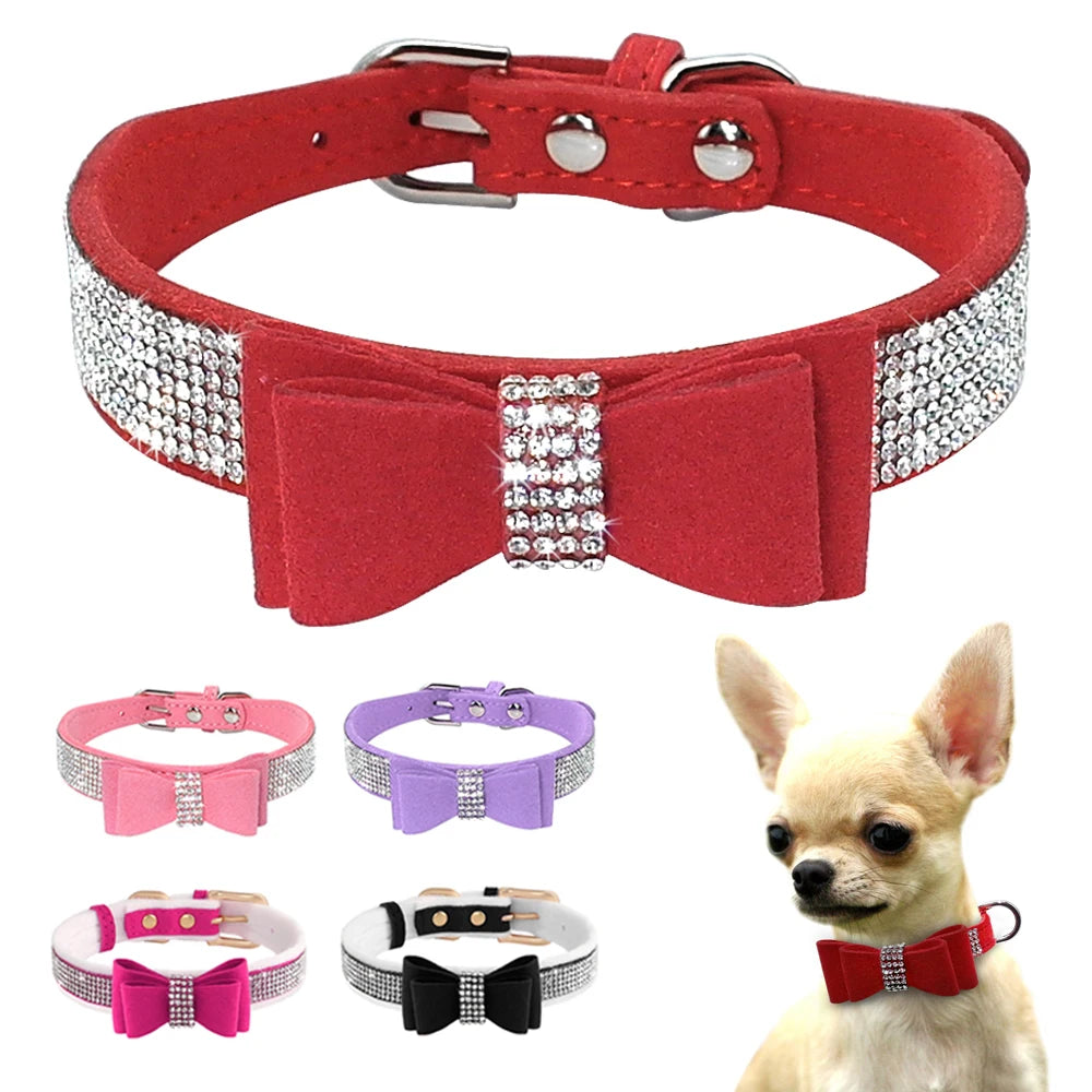 Rhinestone Covered Suede Bowtie Buckle Soft Faux Fur Dog & Cat Pet Collar