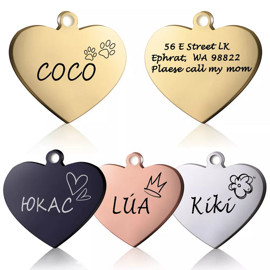 Custom Engraved Heart Shaped Stainless Steel Dog & Cat Name Tag Collar Charm