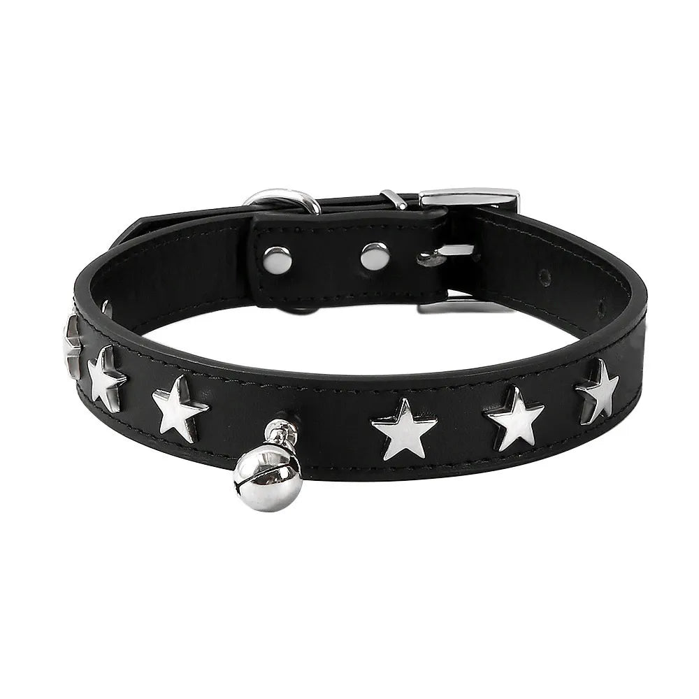 Faux Leather Star Decor Collar With Jingle Bell