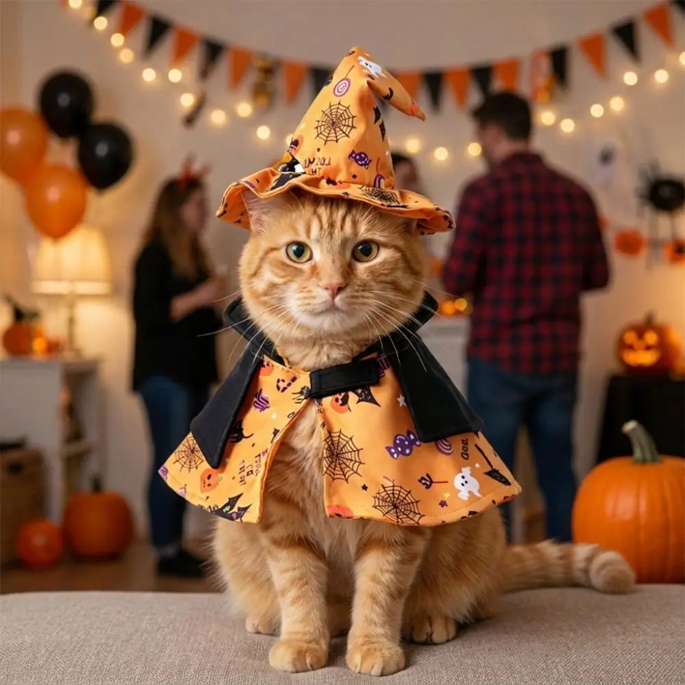 Pumpkin Theme Printed Pet Wizard Cap Cloak Stand-collar Comfortable Halloween Puppy Clothes Soft Breathable Adjustable Fit