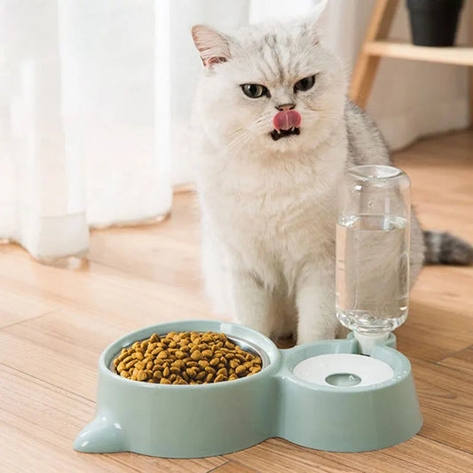 Blue Stainless Steel Cat Food Bowl and Automatic Dispensing Water Bowl