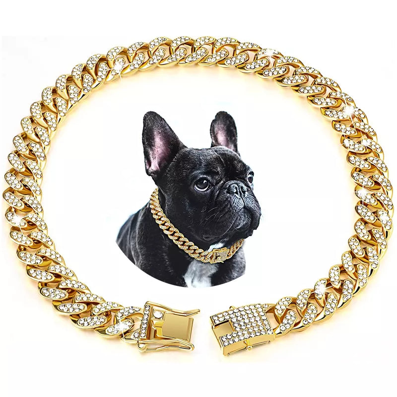 Gemstone Embellished Cuban Link Chain Collar For Dogs & Cats