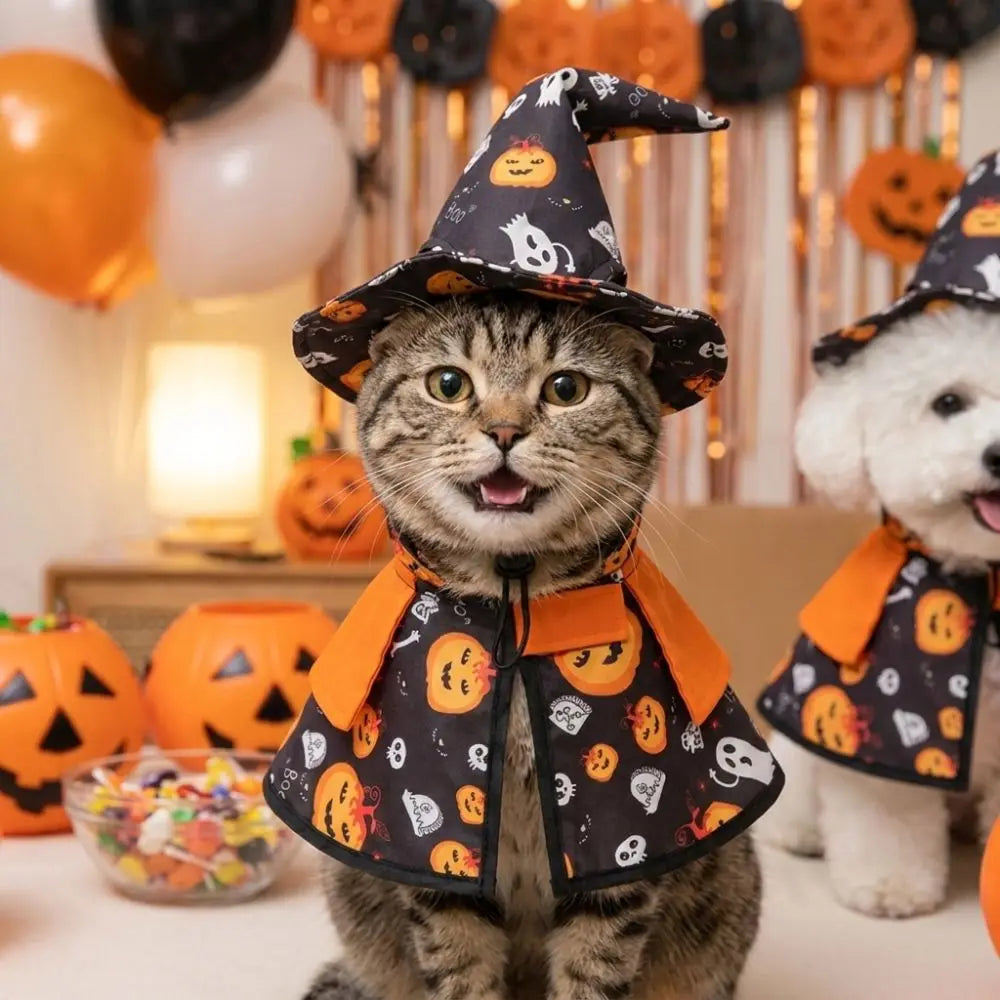 Pumpkin Theme Printed Pet Wizard Cap Cloak Stand-collar Comfortable Halloween Puppy Clothes Soft Breathable Adjustable Fit