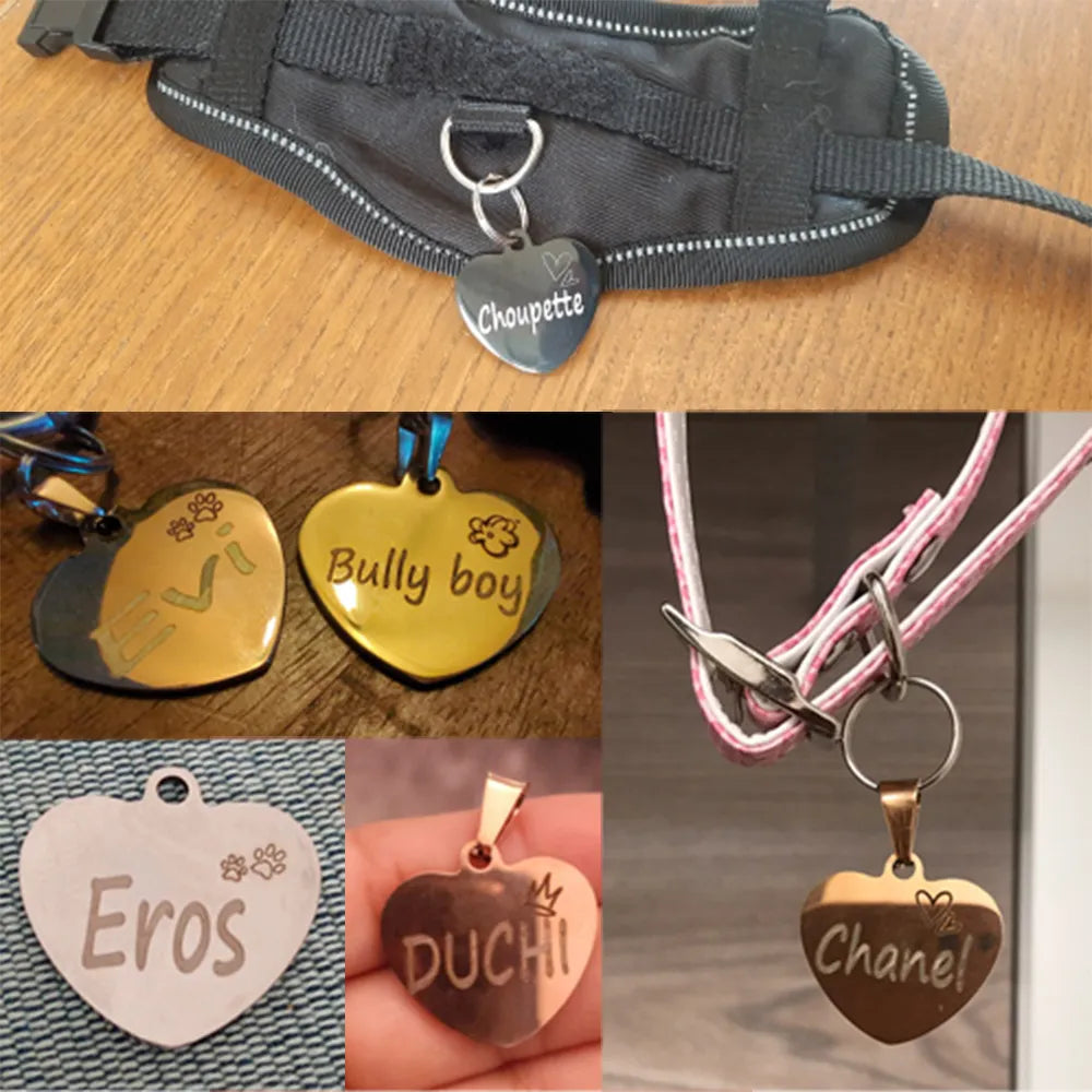 Custom Engraved Heart Shaped Stainless Steel Dog & Cat Name Tag Collar Charm