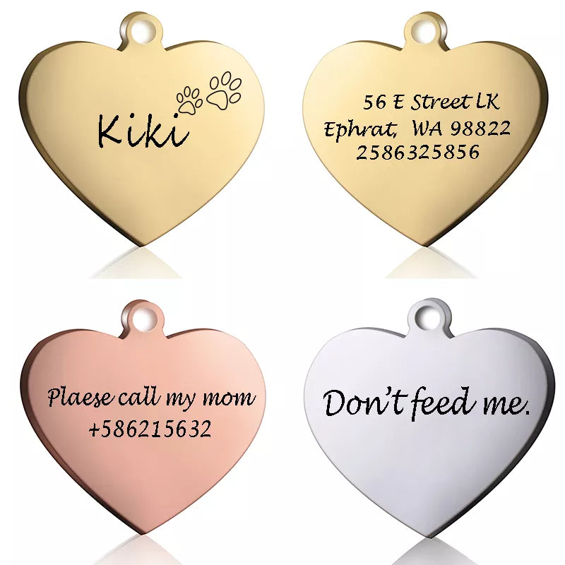 Custom Engraved Heart Shaped Stainless Steel Dog & Cat Name Tag Collar Charm