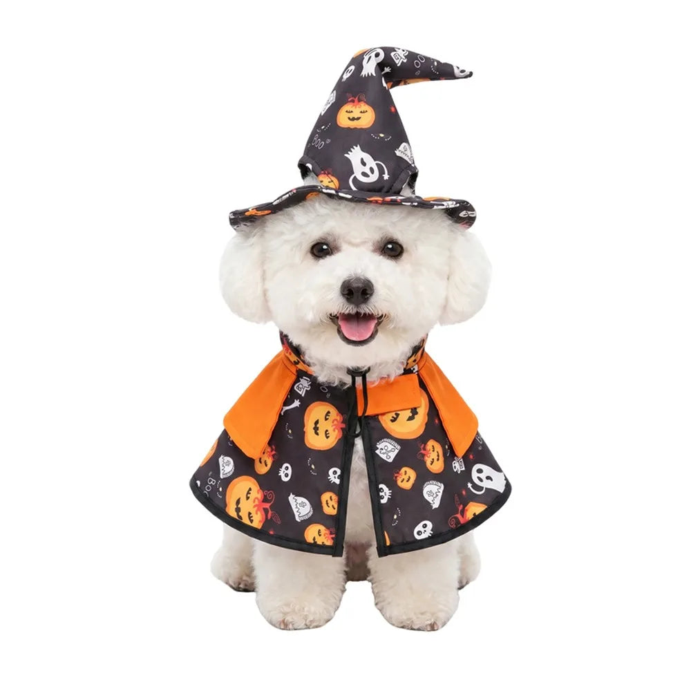 Pumpkin Theme Printed Pet Wizard Cap Cloak Stand-collar Comfortable Halloween Puppy Clothes Soft Breathable Adjustable Fit