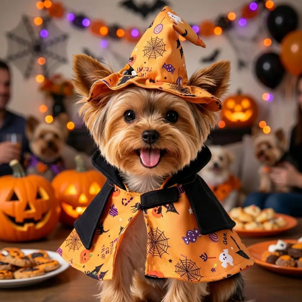 Pumpkin Theme Printed Pet Wizard Cap Cloak Stand-collar Comfortable Halloween Puppy Clothes Soft Breathable Adjustable Fit