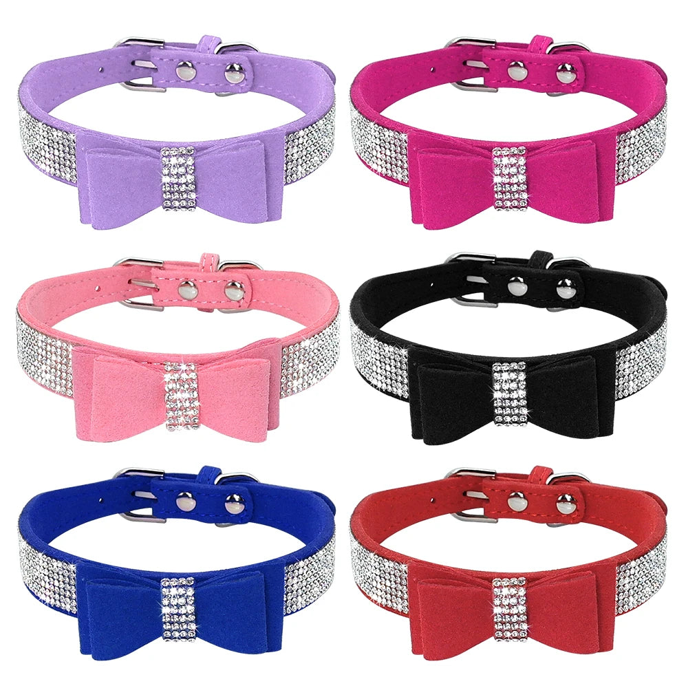 Rhinestone Covered Suede Bowtie Buckle Soft Faux Fur Dog & Cat Pet Collar