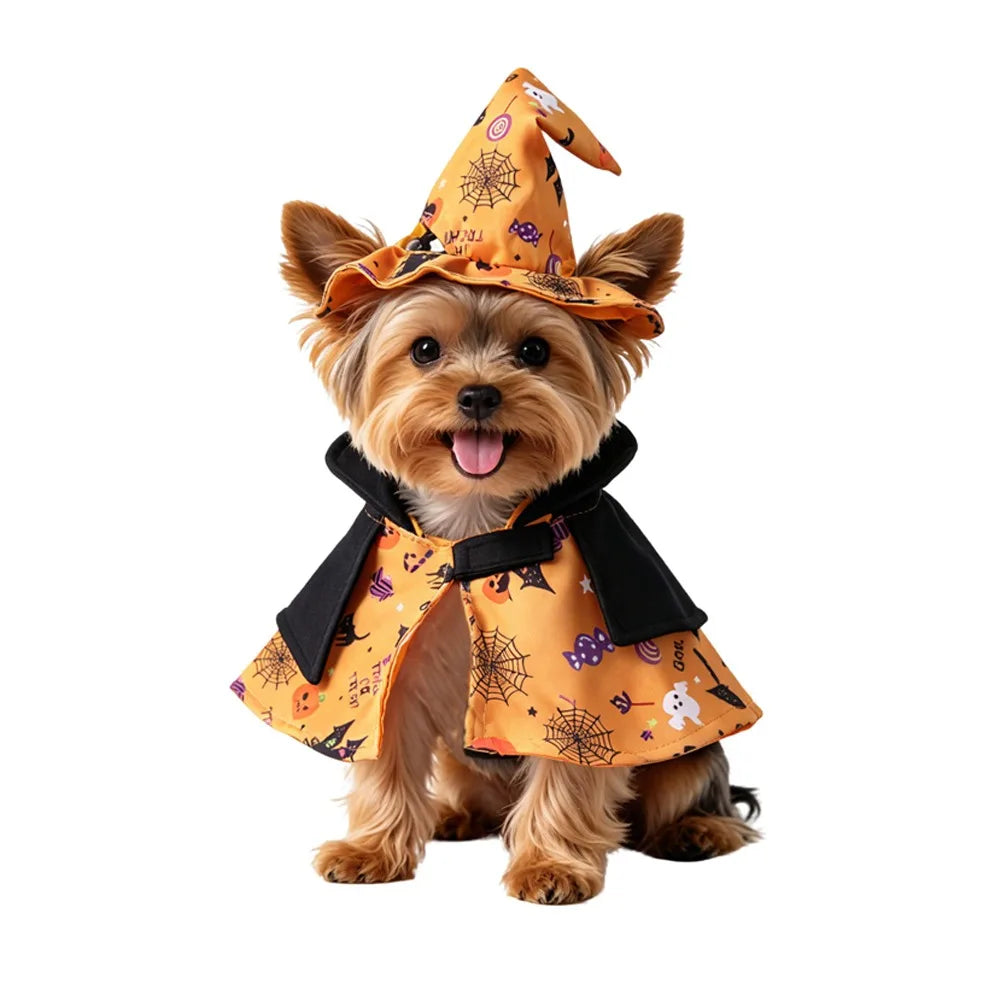 Pumpkin Theme Printed Pet Wizard Cap Cloak Stand-collar Comfortable Halloween Puppy Clothes Soft Breathable Adjustable Fit