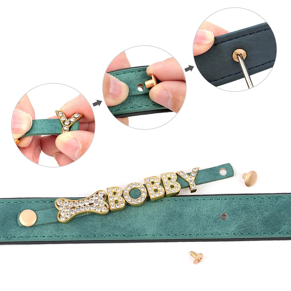 Gold Rhinestone  Custom Name & Charm Faux Leather Dog & Cat Pet Collar