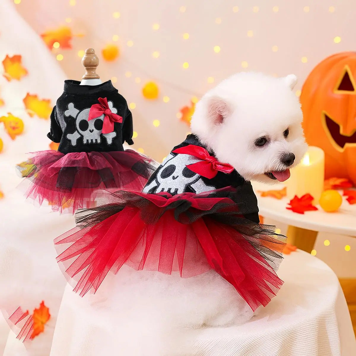 2025 Halloween Pet Costumes – Witch Bride Dress with Pumpkin & Skull Design for Dogs & Cats  – Elegant Lace Dress Gothic Pirate