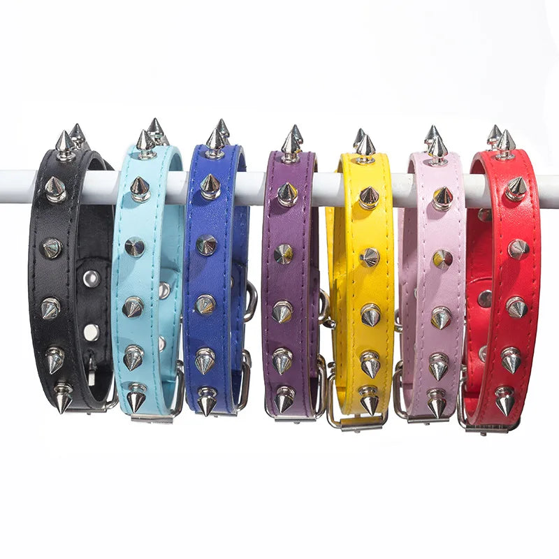 Metal Spiked Faux Multi Colored Leather Dog & Cat Collar With Leash