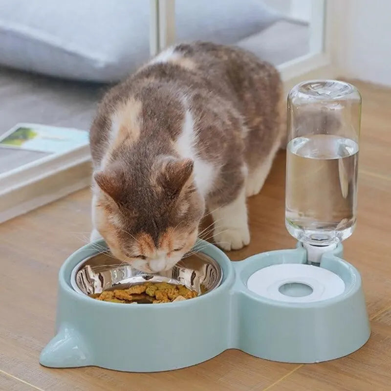 Blue Stainless Steel Cat Food Bowl and Automatic Dispensing Water Bowl