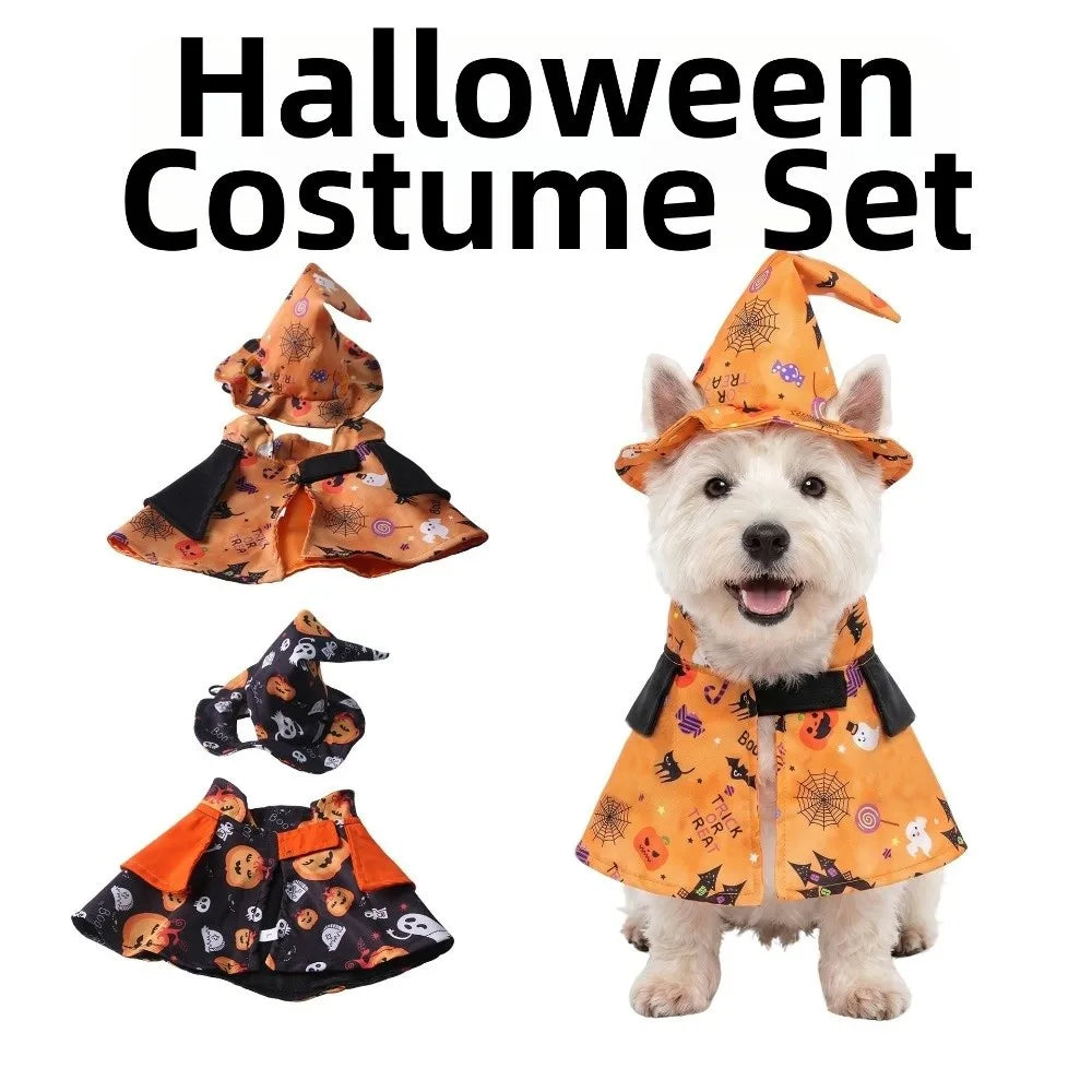 Pumpkin Theme Printed Pet Wizard Cap Cloak Stand-collar Comfortable Halloween Puppy Clothes Soft Breathable Adjustable Fit