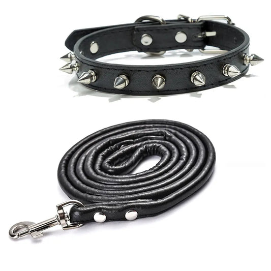 Metal Spiked Faux Multi Colored Leather Dog & Cat Collar With Leash