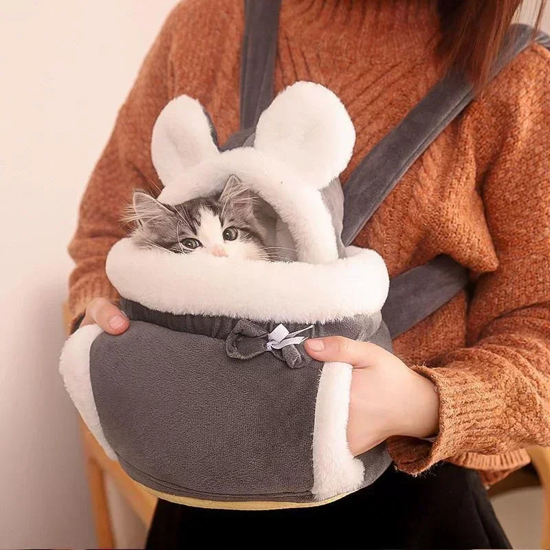 Soft Cotton Plush Bear Ears Cat Carrier Backpack